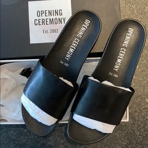 NEW Opening Ceremony black leather slides, 9-9.5